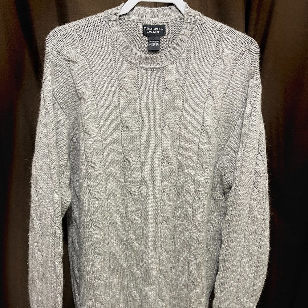 Tashia London Women’s Cashmere Sweater, Sz L, Gray, Cable Knit, Nepal